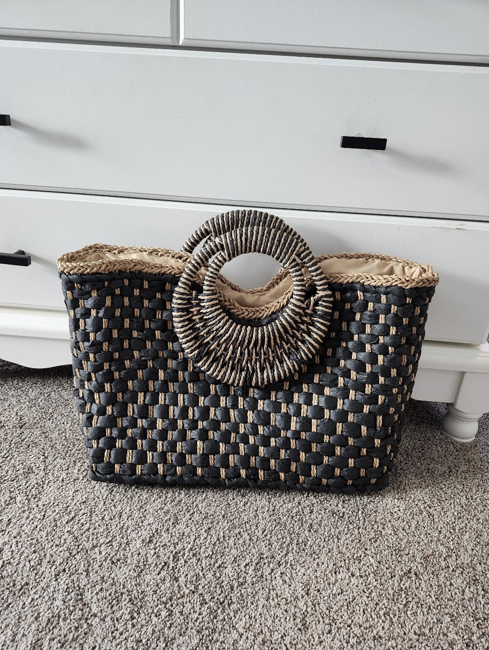 Reitmans Black and Natural Woven Round-Handle Tote